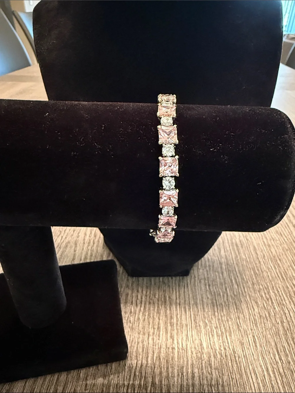 Avon Silver-Tone Bracelet with Pink Square Stones